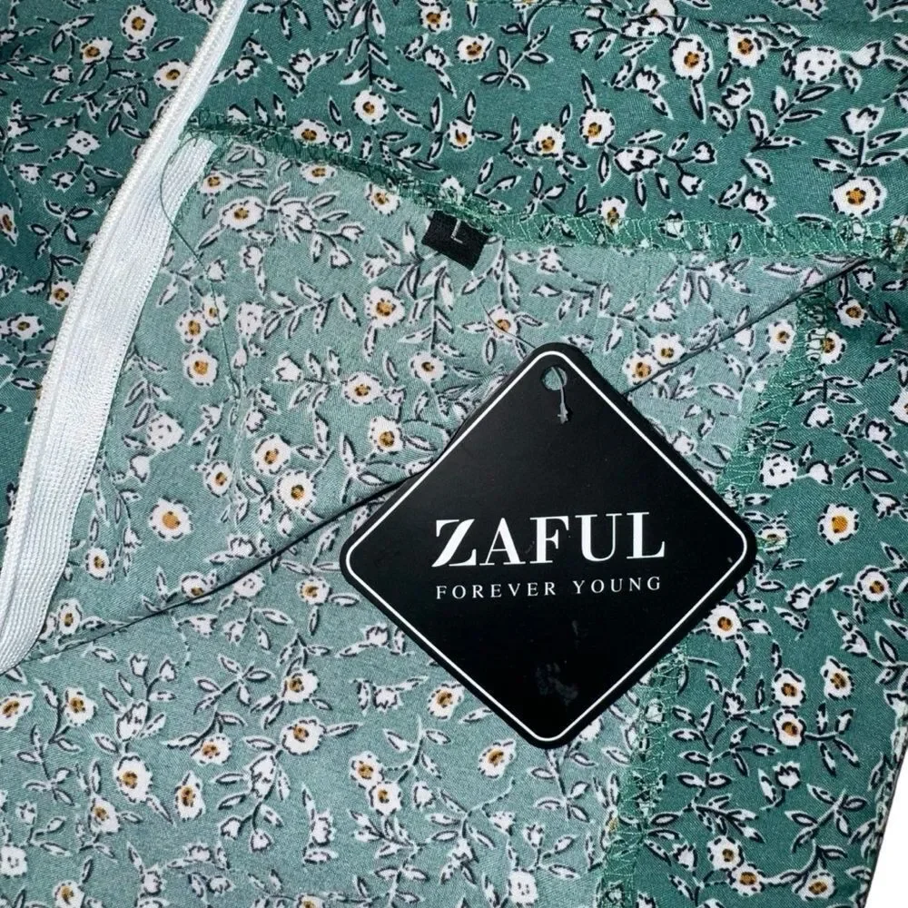 NWT Zaful green and white Floral Wrap tie front zip up back mini Skirt size L
